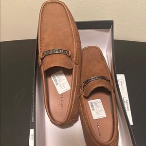 Tommy Hilfiger Tan Leather Slip-On Loafers with Metallic Accent